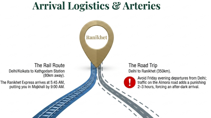 Arrival Logistics & Arteries&rdquo; comparing rail and road travel options to Ranikhet, Uttarakhand. The graphic highlights the rail route from Delhi or Kolkata to Kathgodam Station, followed by an 80 km drive to Ranikhet, noting that the Ranikhet Express arrives early morning for a convenient Majkhali arrival by 9:00 AM. It also outlines the 350 km road journey from Delhi to Ranikhet, warning about heavy Friday evening traffic on the Almora route that can delay arrival by 2&ndash;3 hours.