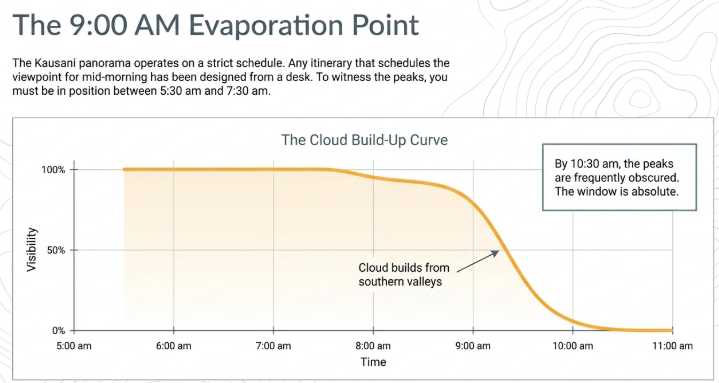 Kausani sunrise visibility graph showing clear Himalayan views from 5:30 am to 7:30 am, with cloud build-up after 9:00 am reducing visibility and peaks often obscured by 10:30 am in Uttarakhand.