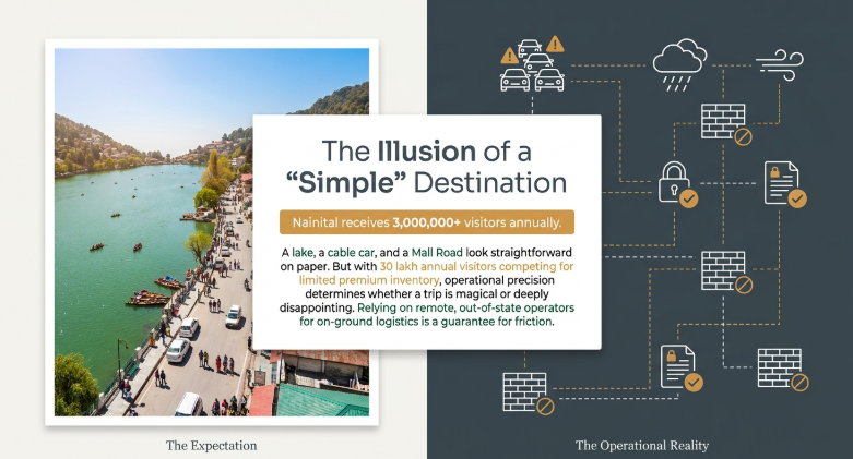 Illustration showing the contrast between the scenic beauty of Nainital tourism and the complex operational logistics behind managing travel experiences. The left side displays a vibrant lakeside view of Nainital with boats, roads, and tourists labeled &ldquo;The Expectation,&rdquo; while the right side visualizes interconnected operational systems, permits, security, weather, and logistics labeled &ldquo;The Operational Reality.&rdquo; Central text highlights how managing 3 lakh+ annual visitors requires precision and coordination beyond just destination planning.