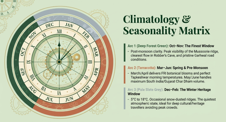 Infographic titled “Climatology & Seasonality Matrix” presenting a circular seasonal calendar for Garhwal and Dehradun travel experiences. The left side features a compass-like annual wheel marked with months from January to December, divided into color-coded seasonal arcs. “Arc 1 (Deep Forest Green): Oct–Nov — The Finest Window” highlights post-monsoon clarity, peak visibility of the Mussoorie ridge, the clearest Robber’s Cave flow, and ideal Garhwal road conditions. “Arc 2 (Terracotta): Mar–Jun — Spring & Pre-Monsoon” emphasizes Forest Research Institute botanical blooms, ideal Tapkeshwar morning temperatures, and the operational suitability of May and June for South Indian and Gujarati Char Dham travel. “Arc 3 (Pale Slate Grey): Dec–Feb — The Winter Heritage Window” describes temperatures ranging from -5°C to 18°C, occasional snow-dusted ridges, and a quieter atmospheric season favored by cultural and heritage travelers avoiding peak crowds. The infographic combines climatology, tourism timing intelligence, and decorative compass and gear motifs in a refined map-inspired design.