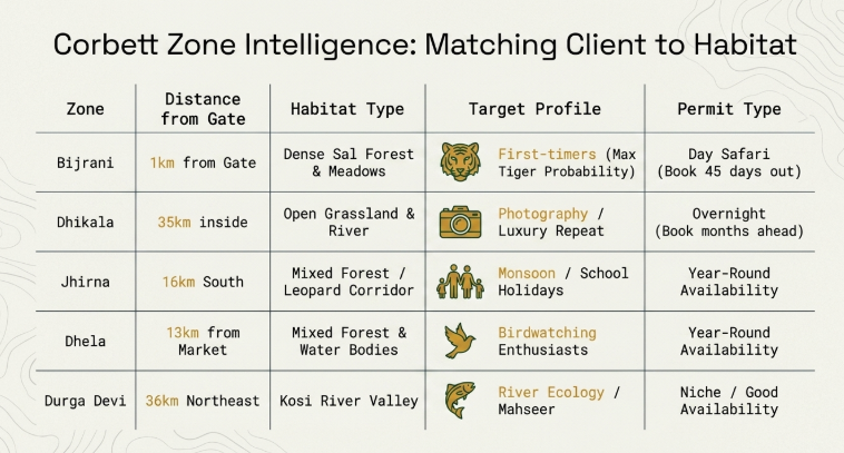 Informational chart titled “Corbett Zone Intelligence: Matching Client to Habitat” comparing major safari zones in Jim Corbett National Park based on habitat type, traveler profile, and permit availability. The table includes Bijrani, Dhikala, Jhirna, Dhela, and Durga Devi zones with details such as distance from gate, forest or river ecosystem type, and ideal traveler categories like first-time tiger seekers, wildlife photographers, birdwatchers, family travelers, and river ecology enthusiasts. The infographic also explains different safari permit types including day safaris, overnight permits, and year-round access availability.