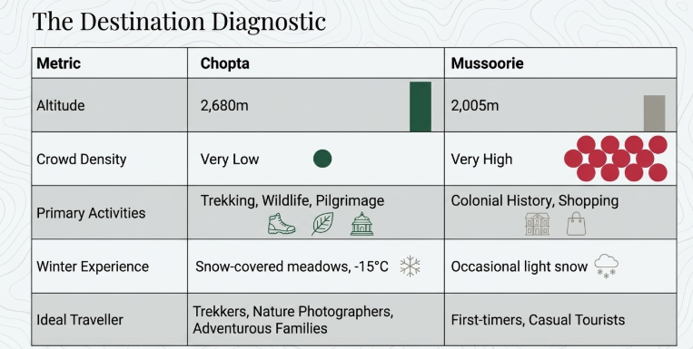 Chopta vs Mussoorie comparison infographic showing altitude, crowd density, trekking and tourism activities, winter experience, and ideal traveller types, highlighting Chopta as a low-crowd trekking destination and Mussoorie as a busy hill station in Uttarakhand.
