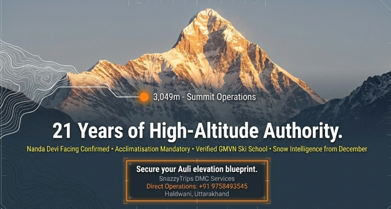 Cinematic mountain-themed promotional banner featuring a snow-covered Himalayan peak glowing in golden sunrise light. A highlighted marker points to the mountain with the label “3,049m - Summit Operations.” Large bold text reads “21 Years of High-Altitude Authority.” Supporting highlights below include “Nanda Devi Facing Confirmed,” “Acclimatisation Mandatory,” “Verified GMVN Ski School,” and “Snow Intelligence from December.” At the bottom, a glowing call-to-action box says “Secure your Auli elevation blueprint,” followed by “SnazzyTrips DMC Services,” a direct operations phone number, and “Haldwani, Uttarakhand