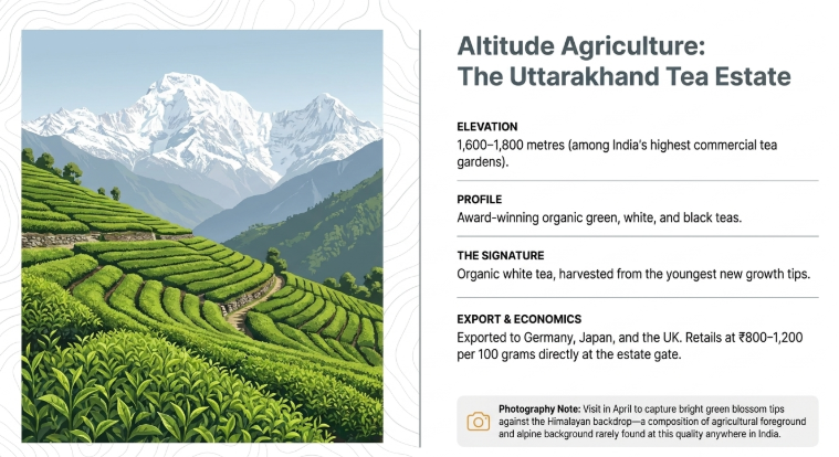 Uttarakhand Tea Estate in Kausani showing terraced tea gardens against Himalayan peaks, highlighting high-altitude organic tea cultivation, scenic landscapes, and photography appeal in Uttarakhand.