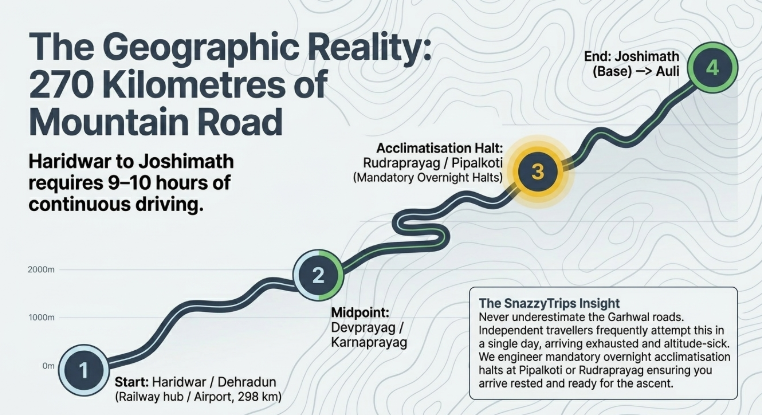 Infographic titled &ldquo;The Geographic Reality: 270 Kilometres of Mountain Road&rdquo; illustrating the journey from Haridwar/Dehradun to Auli via Joshimath. A winding mountain-road graphic marks key stages: start from Haridwar/Dehradun, a midpoint at Devprayag/Karnaprayag, a mandatory acclimatisation halt at Rudraprayag or Pipalkoti, and the final ascent from Joshimath to Auli. The graphic emphasizes that the route involves 9&ndash;10 hours of mountain driving and highlights the importance of overnight stops for safe acclimatisation and a smoother Himalayan ascent.