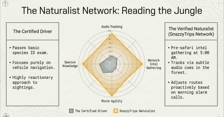 Infographic titled “The Naturalist Network: Reading the Jungle” comparing the capabilities of a standard certified safari driver with a verified wildlife naturalist network. The center features a radar chart comparing skills across audio tracking, network intelligence gathering, route agility, and species knowledge. The left panel describes a certified driver as focused mainly on vehicle navigation and reactive wildlife spotting, while the right panel highlights the verified naturalist’s strengths in early morning intelligence gathering, interpreting jungle audio cues, and proactively adjusting safari routes based on wildlife movement and alarm calls.