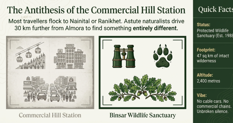 Binsar Wildlife Sanctuary infographic contrasting commercial hill stations like Nainital with quiet forest wilderness, highlighting protected status, 2,400 metre altitude, oak forests, and peaceful offbeat travel experience in Almora, Uttarakhand.