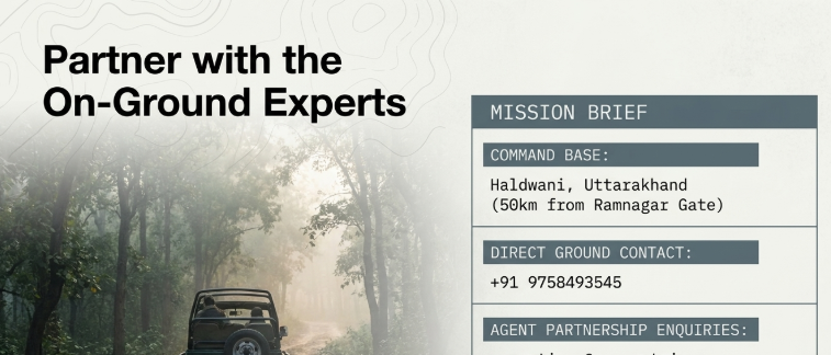 Promotional contact infographic titled “Partner with the On-Ground Experts” featuring a misty forest safari scene with an open jeep driving through a jungle trail. The right side presents a “Mission Brief” styled information panel listing operational details including the command base in Haldwani, Uttarakhand near Ramnagar Gate, direct ground contact information, and travel agent partnership enquiry details. The design emphasizes local expertise, field operations, and B2B wildlife tourism support in Jim Corbett.