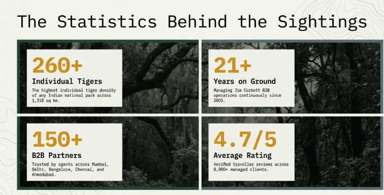 Data-driven infographic titled “The Statistics Behind the Sightings” highlighting key figures related to Jim Corbett wildlife tourism operations. The design overlays four statistic panels on a dark forest background. Metrics include 260+ individual tigers representing one of India’s highest tiger densities, 21+ years of continuous Jim Corbett B2B operations since 2003, partnerships with 150+ travel agents across major Indian cities, and a 4.7/5 average traveler rating based on thousands of verified client reviews.