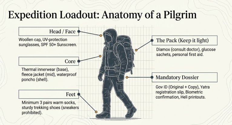 Infographic titled &ldquo;Expedition Loadout: Anatomy of a Pilgrim&rdquo; showing a fully equipped trekker with labeled gear and packing guidance for the Kedarnath journey. Callout boxes identify recommended items by body area: Head/Face &mdash; woollen cap, UV-protection sunglasses, SPF 50+ sunscreen; Core &mdash; thermal base layer, fleece jacket, and waterproof poncho; Feet &mdash; at least three pairs of warm socks and sturdy trekking shoes, with sneakers discouraged. Additional labels highlight The Pack (Keep it light) containing Diamox (after doctor consultation), glucose sachets, and personal first aid, plus a Mandatory Dossier including government ID, Yatra registration slip, biometric confirmation, and helicopter booking printouts. The layout emphasizes essential preparation for a high-altitude pilgrimage trek.