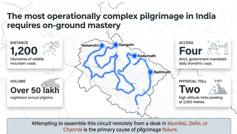 Informational infographic about the operational complexity of the Char Dham Yatra in Uttarakhand. A glowing blue route map connects the four sacred shrines &mdash; Yamunotri, Gangotri, Kedarnath, and Badrinath &mdash; across Himalayan mountain terrain. Large heading reads, &ldquo;The most operationally complex pilgrimage in India requires on-ground mastery.&rdquo; Side panels highlight key challenges: &ldquo;1,200 kilometres of volatile mountain roads,&rdquo; &ldquo;Four strict government-mandated daily biometric caps,&rdquo; &ldquo;Over 50 lakh registered annual pilgrims,&rdquo; and &ldquo;Two high-altitude treks peaking at 3,583 metres.&rdquo; A bottom warning states that attempting to manage the pilgrimage remotely from cities like Mumbai, Delhi, or Chennai is a major cause of pilgrimage failure.