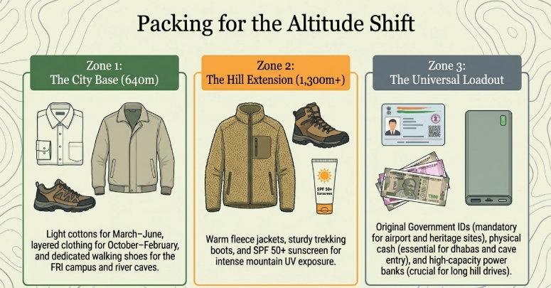 Infographic titled &ldquo;Packing for the Altitude Shift&rdquo; outlining recommended gear for three travel zones in Dehradun and nearby hills. Zone 1: The City Base (640m) suggests light clothing, layers, and walking shoes. Zone 2: The Hill Extension (1,300m+) recommends fleece jackets, trekking boots, and SPF 50+ sunscreen for mountain conditions. Zone 3: The Universal Loadout lists essentials such as government ID, cash, and a power bank for travel logistics and long hill journeys.
