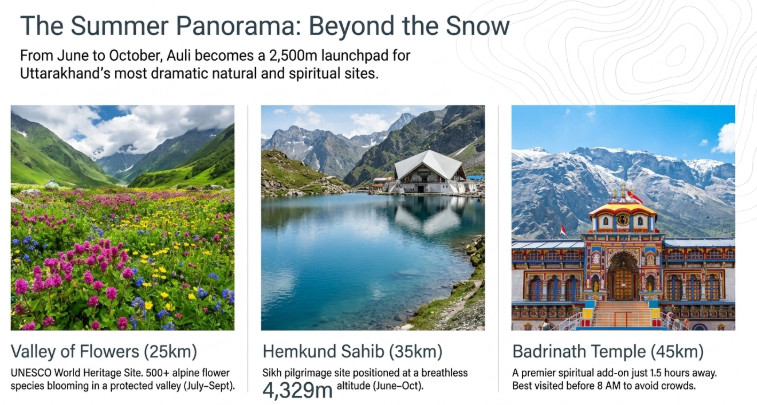 Infographic titled &ldquo;The Summer Panorama: Beyond the Snow&rdquo; showing how Auli transforms into a summer adventure base from June to October. Three featured destinations are highlighted: Valley of Flowers (25 km), known for alpine wildflowers and UNESCO World Heritage status; Hemkund Sahib (35 km), a high-altitude Sikh pilgrimage site beside a mountain lake at 4,329 metres; and Badrinath Temple (45 km), a major Himalayan spiritual destination. The graphic emphasizes Auli&rsquo;s role as a gateway to Uttarakhand&rsquo;s natural and sacred landscapes.