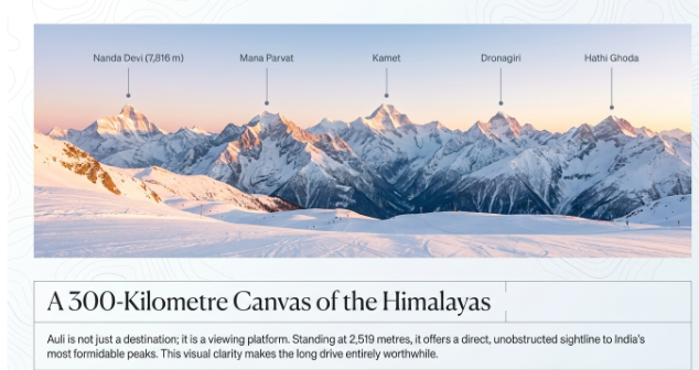 Panoramic Himalayan mountain landscape viewed from Auli, featuring a snow-covered foreground and a dramatic range of towering peaks illuminated by soft sunrise light. Key summits are labeled across the skyline, including Nanda Devi (7,816 m), Mana Parvat, Kamet, Dronagiri, and Hathi Ghoda. Below the image, the heading “A 300-Kilometre Canvas of the Himalayas” explains that Auli, situated at 2,519 metres above sea level, offers an unobstructed vantage point for viewing some of India's most iconic Himalayan peaks. The design combines a scenic photography showcase with informative travel content, emphasizing Auli’s expansive mountain panoramas and high-altitude beauty.