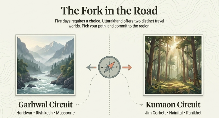 Infographic titled &ldquo;The Fork in the Road&rdquo; illustrating the key travel decision for a 5-day Uttarakhand itinerary. A central compass symbol divides the state into two distinct travel circuits, encouraging visitors to choose one region rather than attempting to cover all of Uttarakhand. On the left, the Garhwal Circuit is represented by a scenic Himalayan river valley with snow-capped mountains and includes destinations such as Haridwar, Rishikesh, and Mussoorie. On the right, the Kumaon Circuit is depicted by a tranquil forest landscape with sunlight filtering through tall trees and includes Jim Corbett, Nainital, and Ranikhet. The infographic emphasizes that five days requires a focused itinerary and that travelers should commit to either Garhwal or Kumaon for a more rewarding experience. The design uses a clean mountain-themed layout with subtle topographic contour lines, making it relevant for Uttarakhand tour planning, Garhwal vs Kumaon travel, 5-day Uttarakhand itinerary, Himalayan holiday packages, and Uttarakhand travel tips.