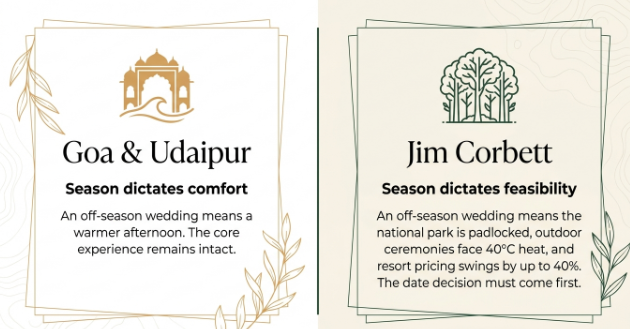Side-by-side infographic comparing destination wedding seasonality in Goa and Udaipur versus Jim Corbett. The left panel, featuring a palace icon, explains that off-season weddings in Goa and Udaipur mainly affect weather comfort, while the overall wedding experience remains largely unchanged. The right panel, featuring a forest icon, highlights that seasonality in Jim Corbett directly affects accessibility, national park operations, outdoor ceremonies, and resort pricing. The graphic notes that off-season dates can lead to park closures, extreme temperatures, and resort price fluctuations, emphasizing that choosing the wedding date is especially important for a Jim Corbett wedding.