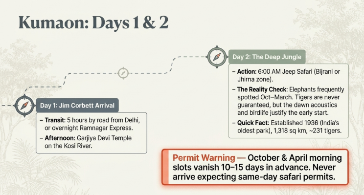 Infographic titled &ldquo;Kumaon: Days 1 & 2&rdquo; outlining the first two days of a Deep Kumaon Circuit itinerary focused on Jim Corbett National Park in Uttarakhand. A dotted travel route connects two itinerary milestones. Day 1: Jim Corbett Arrival includes travel from Delhi by road or the overnight Ramnagar Express, followed by an afternoon visit to Garjiya Devi Temple on the banks of the Kosi River. Day 2: The Deep Jungle highlights an early morning 6:00 AM jeep safari in the Bijrani or Jhirna safari zones, offering opportunities to spot elephants, deer, birds, and other wildlife. The guide notes that tiger sightings are never guaranteed but dawn safaris provide the best chances for wildlife encounters. A quick fact states that Jim Corbett National Park, established in 1936, is India&rsquo;s oldest national park and spans approximately 1,318 square kilometres. A prominent permit warning advises travelers that October and April safari permits often sell out 10&ndash;15 days in advance, making advance booking essential. The infographic is relevant for Jim Corbett safari planning, Kumaon tour packages, wildlife holidays in Uttarakhand, Ramnagar travel guide, jungle safari bookings, and 5-day Kumaon itinerary planning.