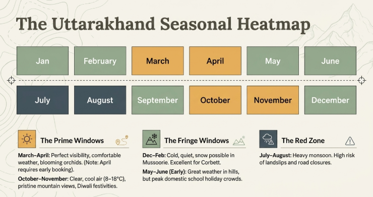 Infographic titled &ldquo;The Uttarakhand Seasonal Heatmap&rdquo; providing a month-by-month guide to the best times to visit Uttarakhand. The visual displays all twelve months in color-coded blocks, categorizing travel seasons into Prime Windows, Fringe Windows, and the Red Zone. March, April, October, and November are highlighted as the prime travel months, offering clear Himalayan mountain views, pleasant temperatures, blooming spring landscapes, and festive autumn weather. December, January, February, May, June, and September are classified as fringe seasons, suitable for travelers seeking quieter experiences, winter snowfall, wildlife safaris, or summer escapes from the plains. July and August are marked as the red zone due to heavy monsoon rainfall, increased risk of landslides, and frequent mountain road closures.