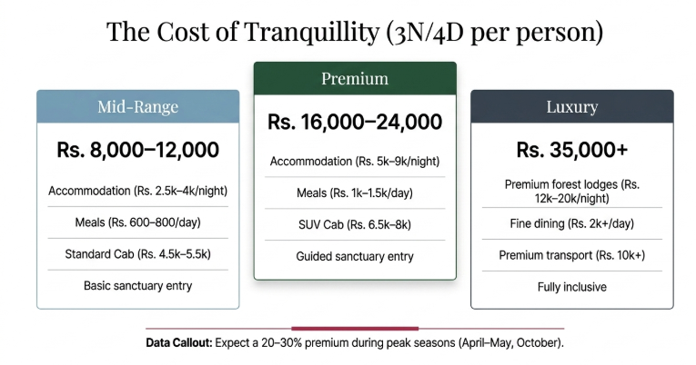 Binsar Wildlife Sanctuary travel cost infographic showing estimated 3-night, 4-day package prices per person, including mid-range (₹8,000&ndash;12,000), premium (₹16,000&ndash;24,000), and luxury (₹35,000+) options with accommodation, meals, transportation, and sanctuary access details.