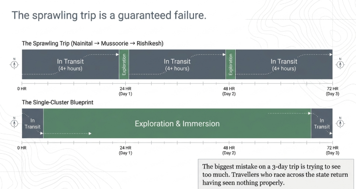 Infographic titled &ldquo;The Sprawling Trip is a Guaranteed Failure&rdquo; comparing two approaches to planning a 3-day Uttarakhand itinerary. The upper timeline, labeled &ldquo;The Sprawling Trip (Nainital &rarr; Mussoorie &rarr; Rishikesh)&rdquo;, illustrates how travelers spend most of their 72-hour vacation in transit, with three separate driving segments of 4+ hours each and only brief periods available for exploration. The graphic visually emphasizes excessive travel time and limited destination experiences caused by attempting to cover multiple regions in a short trip.  The lower timeline, labeled &ldquo;The Single-Cluster Blueprint,&rdquo; demonstrates a smarter travel strategy by focusing on one destination cluster. After a short arrival transfer, the majority of the 3-day trip is dedicated to exploration and immersion, allowing travelers to fully experience local attractions, culture, nature, and activities instead of spending hours on mountain roads.  A key takeaway at the bottom warns that the biggest mistake on a short Uttarakhand holiday is trying to see too much, noting that travelers who rush across the state often return without properly experiencing any destination. Featuring timeline graphics, topographic contour patterns, and travel-planning visuals, the infographic is relevant for 3-day Uttarakhand itineraries, weekend getaways from Delhi, Nainital trips, Mussoorie holidays, Rishikesh travel planning, Kumaon and Garhwal tours, and Uttarakhand travel tips for short vacations.
