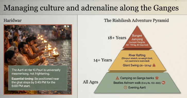 Infographic titled &ldquo;Managing Culture and Adrenaline Along the Ganges&rdquo; comparing spiritual and adventure experiences in Haridwar and Rishikesh, two of Uttarakhand&rsquo;s most popular destinations along the River Ganga. The left section features a photograph of the famous Ganga Aarti at Har Ki Pauri, Haridwar, showing devotees holding illuminated oil lamps during the evening prayer ceremony. Accompanying text notes that the aarti is a universally engaging cultural experience suitable for all generations and recommends arriving by 5:45 PM for the 6:00 PM ceremony.  The right section presents &ldquo;The Rishikesh Adventure Pyramid,&rdquo; categorizing activities by age and intensity. The base level, suitable for all ages, includes evening Ganga Aarti, Beatles Ashram walks, and camping along the Ganga River. The middle tier, recommended for travelers aged 14 years and above, features river rafting from Shivpuri and the Giant Swing adventure activity. The top tier, restricted to adults aged 18 years and older, highlights bungee jumping at Jumpin Heights, one of India&rsquo;s most popular adventure attractions.  The infographic helps families balance cultural sightseeing and outdoor adventure while planning a Uttarakhand itinerary. It is relevant for Haridwar travel guides, Rishikesh adventure tourism, Ganga Aarti experiences, river rafting in Rishikesh, bungee jumping in Uttarakhand, family-friendly Uttarakhand tours, and spiritual plus adventure holiday planning.