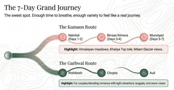 Infographic titled &ldquo;The 7-Day Grand Journey&rdquo; presenting two curated Uttarakhand travel circuits designed for couples seeking a week-long mountain escape. The journey splits into The Kumaon Route, covering Nainital (Days 1&ndash;2), Binsar/Almora (Days 3&ndash;4), and Munsiyari (Days 5&ndash;7), with highlights including Himalayan meadows, the Khaliya Top trek, and views of the Milam Glacier. The second option, The Garhwal Route, features Rishikesh, Chopta, and Auli, combining romantic experiences with light adventure, alpine bugyals, and snow-capped mountain vistas. The design uses flowing route lines, destination icons, and subtle topographic map patterns to visualize the two distinct travel experiences.