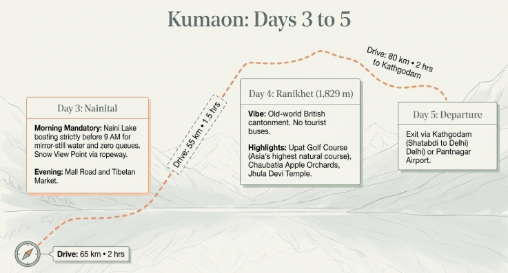 Infographic titled &ldquo;Kumaon: Days 3 to 5&rdquo; outlining the final three days of a 5-day Kumaon Circuit itinerary in Uttarakhand. A scenic mountain-themed route map traces the journey from Nainital to Ranikhet and onward to Kathgodam for departure. Day 3: Nainital features morning boating on Naini Lake before 9 AM for calm waters and fewer crowds, a ropeway ride to Snow View Point, and an evening exploring Mall Road and the Tibetan Market. A route marker indicates a 65 km drive taking approximately 2 hours from the previous destination and a 55 km drive of around 1.5 hours from Nainital to Ranikhet. Day 4: Ranikhet (1,829 metres) highlights the town&rsquo;s peaceful British-era cantonment atmosphere, free from tourist buses, along with attractions such as Upat Golf Course, Chaubatia Apple Orchards, and Jhula Devi Temple. The itinerary concludes on Day 5: Departure, with travelers exiting via Kathgodam Railway Station for the Shatabdi Express to Delhi or continuing to Pantnagar Airport. The infographic emphasizes slow-paced mountain travel, panoramic Himalayan landscapes, and authentic Kumaon experiences, making it relevant for Nainital tour packages, Ranikhet sightseeing, Kumaon travel itineraries, Uttarakhand hill station holidays, Kathgodam travel planning, and 5-day Kumaon Circuit tours.