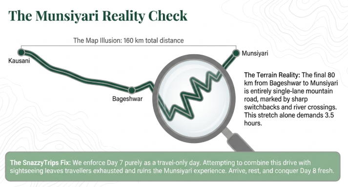 Infographic titled “The Munsiyari Reality Check” explaining the difference between map distance and actual mountain travel time in the Kumaon Himalayas. A route map connects Kausani, Bageshwar, and Munsiyari, showing a total distance of 160 km. A large magnifying glass highlights the final stretch of road, revealing a winding mountain route with numerous sharp switchbacks and elevation changes. The graphic explains that while the distance may appear short on a map, the last 80 km from Bageshwar to Munsiyari is a narrow single-lane Himalayan road with river crossings and steep curves, requiring approximately 3.5 hours of driving. A highlighted travel-planning note advises dedicating the journey to Munsiyari as a full travel day rather than combining it with sightseeing. The recommendation emphasizes arriving rested to fully enjoy the destination and preserve the quality of the Himalayan experience. Featuring topographic contour-map styling and route-planning visuals, the infographic is relevant for Munsiyari travel guides, Kumaon road trips, Uttarakhand mountain driving tips, Kausani to Munsiyari route planning, Himalayan travel logistics, offbeat Uttarakhand itineraries, and realistic travel time estimates in the Himalayas.