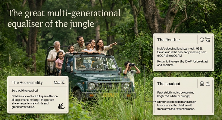 Infographic titled &ldquo;The Great Multi-Generational Equaliser of the Jungle&rdquo; featuring a family enjoying a jeep safari in Jim Corbett National Park, Uttarakhand. The image shows grandparents, parents, and children riding together in an open safari vehicle surrounded by dense forest, highlighting wildlife tourism as a shared experience for all age groups. One child is using binoculars to observe nature, emphasizing the educational and family-friendly aspects of a jungle safari.  Three informational panels provide practical travel advice. &ldquo;The Accessibility&rdquo; section explains that jeep safaris require zero walking, making them suitable for children aged 5 years and above, as well as senior citizens and multi-generational families. &ldquo;The Routine&rdquo; section notes that India&rsquo;s oldest national park, established in 1936, offers the most active wildlife sightings during early morning safaris between 6:00 AM and 9:00 AM, with visitors typically returning to their resort by 10:00 AM. &ldquo;The Loadout&rdquo; section recommends wearing muted, earth-toned clothing, carrying insect repellent, and giving children binoculars to enhance wildlife spotting and engagement.  The infographic promotes Jim Corbett as one of the best destinations for family-friendly wildlife experiences in Uttarakhand and is relevant for Jim Corbett safari packages, family wildlife holidays, multi-generational travel in Uttarakhand, jeep safaris in India, kid-friendly nature experiences, jungle tourism, and Uttarakhand family tour planning.