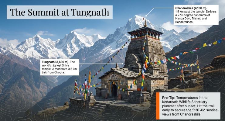 Infographic titled “The Summit at Tungnath” featuring the ancient Tungnath Temple (3,680 metres) set against a dramatic backdrop of snow-covered Himalayan peaks in Uttarakhand. The image showcases the stone temple adorned with colorful prayer flags, surrounded by rugged mountain terrain and panoramic alpine scenery. Informational callouts identify Tungnath as the world’s highest Shiva temple, accessible via a moderate 3.5 km trek from Chopta. Another annotation highlights Chandrashila Peak (4,130 metres), located 1.5 km beyond the temple, renowned for its 270-degree Himalayan panorama featuring iconic peaks such as Nanda Devi, Trishul, and Bandarpunch. A travel tip recommends starting early, noting that temperatures in the nearby Kedarnath Wildlife Sanctuary drop significantly after sunset and advising visitors to secure the 5:30 AM sunrise viewpoint at Chandrashila for the best mountain views. The infographic combines spiritual heritage, trekking adventure, and Himalayan landscapes, making it highly relevant for Tungnath Temple trek guides, Chandrashila summit trek, Chopta tourism, Uttarakhand trekking packages, highest Shiva temple in the world, Himalayan sunrise viewpoints, and Garhwal adventure travel itineraries.