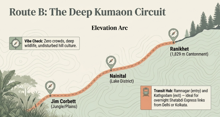 Infographic titled &ldquo;Route B: The Deep Kumaon Circuit&rdquo; illustrating a scenic 5-day Kumaon travel route through the Himalayan foothills of Uttarakhand. A rising elevation path connects Jim Corbett National Park (jungle and plains region), Nainital (lake district), and Ranikhet (1,829 metres), highlighting the gradual ascent from wildlife-rich forests to peaceful mountain landscapes. A callout labeled &ldquo;Vibe Check&rdquo; describes the circuit as ideal for travelers seeking zero crowds, deep wildlife experiences, and authentic Kumaoni hill culture. Another information box identifies Ramnagar and Kathgodam as key transit hubs, with convenient rail connections including overnight Shatabdi Express services from Delhi and Kolkata. The infographic emphasizes slow, immersive travel through Kumaon&rsquo;s lakes, forests, wildlife reserves, and colonial-era hill stations. With a mountain-themed design featuring contour lines, forest illustrations, and route markers, the graphic is relevant for Kumaon tour packages, Nainital and Ranikhet itineraries, Jim Corbett holidays, Uttarakhand travel planning, Himalayan hill station tours, and 5-day Kumaon Circuit travel guides.