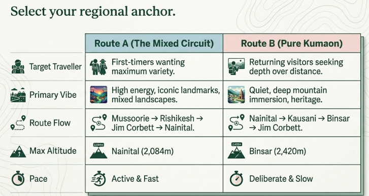 Comparison infographic titled “Select your regional anchor” designed to help travelers choose between two Uttarakhand travel routes. A side-by-side table compares Route A (The Mixed Circuit) and Route B (Pure Kumaon) across five categories: Target Traveller, Primary Vibe, Route Flow, Max Altitude, and Pace. Route A is aimed at first-time visitors seeking maximum variety, featuring Mussoorie, Rishikesh, Jim Corbett, and Nainital, with an active and fast-paced itinerary and a maximum altitude of 2,084 metres at Nainital. Route B targets returning visitors seeking deeper mountain immersion, focusing on Nainital, Kausani, Binsar, and Jim Corbett, with a slower, heritage-focused experience and a maximum altitude of 2,420 metres at Binsar. Icons accompany each category, and the design uses a green color palette with a subtle topographic contour map background.