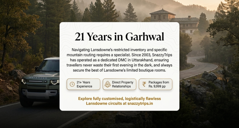 SnazzyTrips Lansdowne travel promotion featuring a luxury SUV on a mountain road in Garhwal, highlighting 21 years of Uttarakhand tourism expertise, direct hotel partnerships, customized Lansdowne tour packages, and seamless mountain travel planning.