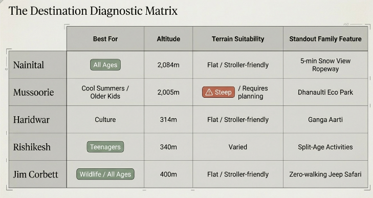 Infographic titled &ldquo;The Destination Diagnostic Matrix&rdquo; comparing the suitability of five popular Uttarakhand destinations for family travel. The matrix evaluates Nainital, Mussoorie, Haridwar, Rishikesh, and Jim Corbett National Park across four categories: Best For, Altitude, Terrain Suitability, and Standout Family Feature.  Nainital (2,084 m) is marked as suitable for all ages, featuring flat, stroller-friendly terrain and the popular Snow View Ropeway. Mussoorie (2,005 m) is recommended for families with older children seeking cool summer weather, though its steeper terrain requires additional planning; Dhanaulti Eco Park is highlighted as a key attraction. Haridwar (314 m) is positioned as a cultural destination with easy, stroller-friendly access and the iconic Ganga Aarti as its standout experience. Rishikesh (340 m) is identified as ideal for teenagers, offering varied terrain and a mix of adventure and spiritual activities suited to different age groups. Jim Corbett National Park (400 m) is presented as a top choice for wildlife lovers of all ages, featuring flat terrain, easy accessibility, and zero-walking jeep safaris.  The infographic serves as a practical family travel planning tool, helping visitors compare destinations based on accessibility, altitude, terrain difficulty, and child-friendly attractions. It is relevant for family tour packages in Uttarakhand, Nainital family holidays, Jim Corbett wildlife safaris, Haridwar and Rishikesh travel guides, Mussoorie vacations, senior-friendly Uttarakhand trips, and multi-generational Himalayan travel planning.