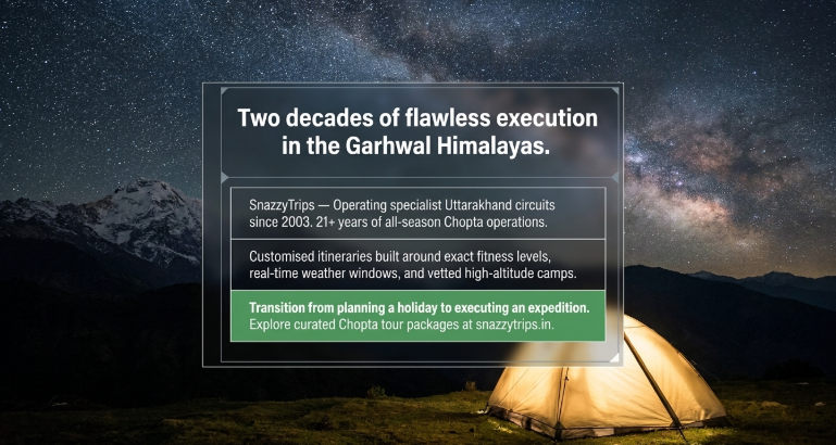 Promotional banner featuring a glowing camping tent beneath a star-filled night sky in the Garhwal Himalayas. Snow-capped mountain silhouettes are visible in the background, with the Milky Way stretching across the sky. A central information panel highlights "Two decades of flawless execution in the Garhwal Himalayas" and describes SnazzyTrips' experience operating specialist Uttarakhand travel circuits since 2003. The content emphasizes customized Chopta itineraries, real-time weather planning, fitness-based route design, and vetted high-altitude camps. The banner concludes with a call
