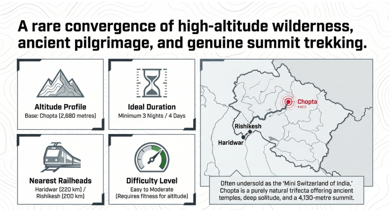 Chopta travel infographic highlighting altitude, trekking difficulty, ideal itinerary, nearest railheads, and location in Uttarakhand, showcasing Chopta as a Himalayan destination known for wilderness, pilgrimage routes, and the Tungnath&ndash;Chandrashila summit trek.