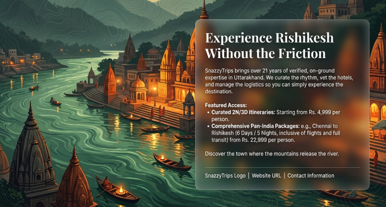 Promotional travel banner for SnazzyTrips featuring a stylized riverside scene in Rishikesh with illuminated temples, boats floating on the Ganges, and lush green hills in the background. A glassmorphism text panel highlights curated Uttarakhand travel packages, including Rishikesh and Char Dham itineraries, emphasizing hassle-free trip planning, verified hotels, and local expertise. The design uses warm golden lighting against cool green-blue tones to create a premium travel experience.
