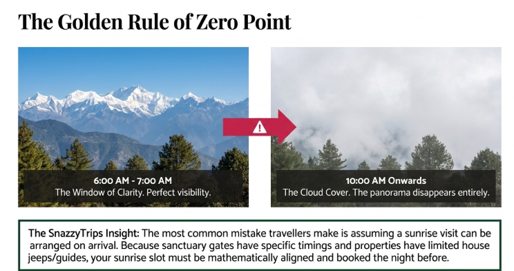 Binsar Zero Point travel infographic showing the best time to view the Himalayan peaks, with clear mountain views between 6:00 AM and 7:00 AM and cloud-covered conditions after 10:00 AM, emphasizing the importance of advance sunrise planning in Binsar Wildlife Sanctuary.