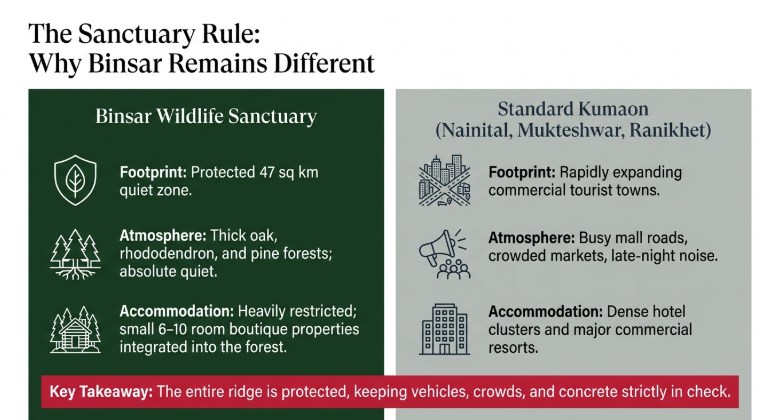 Comparison infographic showing why Binsar Wildlife Sanctuary differs from Nainital, Mukteshwar, and Ranikhet, highlighting protected forests, quiet surroundings, restricted eco-friendly accommodations, and conservation-focused tourism in Uttarakhand.