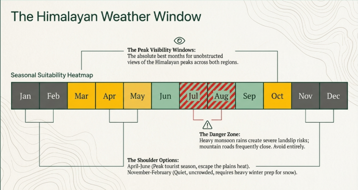 Travel planning infographic titled “The Himalayan Weather Window” showing the best times of year to visit Uttarakhand. A horizontal seasonal suitability heatmap displays all twelve months from January to December, color-coded to indicate travel conditions. March, April, May, and October are highlighted in yellow as the peak visibility window, offering the best chances for clear, unobstructed views of the Himalayan peaks. July and August are marked with red diagonal warning stripes, labeled as the danger zone, where heavy monsoon rains can trigger landslides and frequent mountain road closures. June and September appear in light green, representing transitional periods with moderate travel conditions, while winter months and the late autumn period are shown in darker shades.