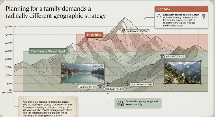 Infographic titled &ldquo;Planning for a Family Demands a Radically Different Geographic Strategy&rdquo; illustrating how altitude affects family-friendly travel planning in Uttarakhand. A detailed mountain elevation profile compares popular destinations including Haridwar (314 m), Rishikesh (340 m), Jim Corbett National Park (400 m), Nainital (2,084 m), and Kedarnath (3,583 m). The graphic highlights a green zone labeled &ldquo;The Family Sweet Spot&rdquo; below 2,500 metres, indicating the most comfortable altitude range for families traveling with young children and senior citizens. A red &ldquo;High Risk&rdquo; zone above 2,500 metres encompasses Kedarnath and other high-altitude regions, warning of increased exertion, altitude-related challenges, and suitability concerns for travelers over 65 or those with pre-existing medical conditions.  Supporting visuals showcase riverfront landscapes near Rishikesh and mountain roads near Nainital, while a family-focused recommendation emphasizes choosing destinations that allow children to remain active and comfortable without experiencing altitude-related fatigue. The infographic advises families to prioritize lower-altitude destinations such as Haridwar, Rishikesh, Jim Corbett, and Nainital for smoother mobility, easier sightseeing, and a more enjoyable multi-generational holiday. This visual is relevant for family tour packages in Uttarakhand, senior-friendly Uttarakhand travel, Nainital family holidays, Rishikesh and Haridwar trips, Jim Corbett vacations, altitude-aware travel planning, and multi-generational Himalayan vacations.