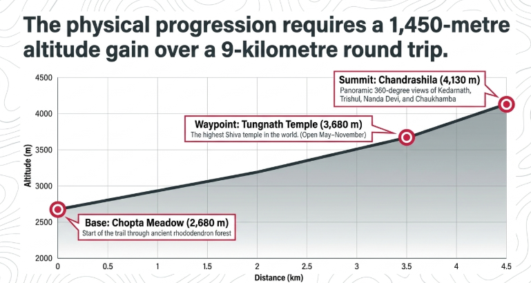 Chopta Tungnath Chandrashila trek elevation chart showing a 1,450-metre altitude gain from Chopta Meadow (2,680 m) to Tungnath Temple (3,680 m) and Chandrashila Summit (4,130 m), highlighting trek distance, difficulty, and panoramic Himalayan mountain views in Uttarakhand.