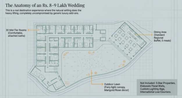 Infographic titled "The Anatomy of an Rs. 8–9 Lakh Wedding" showing the layout of a realistic destination wedding venue where natural surroundings provide the primary experience instead of luxury add-ons. The site plan illustrates a property with 30 mid-tier rooms featuring attached bathrooms arranged around the main building. A separate dining area is designated for a standard regional buffet serving five meals. The central outdoor lawn is marked as the event space, featuring a fairy light canopy and simple marigold or rose décor. A note in the lower-right corner lists excluded luxury elements such as five-star properties, elaborate floral installations, custom lighting rigs, and international live counters. The blueprint-style layout uses green and gold accents to emphasize practical planning and efficient use of space within an Rs. 8–9 lakh wedding budget.