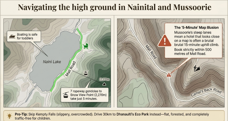 Infographic titled &ldquo;Navigating the High Ground in Nainital and Mussoorie&rdquo; providing practical family travel tips for two of Uttarakhand&rsquo;s most popular hill stations. The graphic is divided into two map-style panels featuring topographic contour lines, local landmarks, and accessibility advice.  On the left, a map of Nainital highlights Naini Lake, Mall Road, and the Snow View Point Ropeway. Callouts explain that boating on Naini Lake is safe for toddlers and that the ropeway journey to Snow View Point (2,270 metres) takes only about five minutes, making it an easy family-friendly attraction with panoramic Himalayan views.  On the right, a topographic map of Mussoorie focuses on Mall Road and Camel&rsquo;s Back Road. A warning box titled &ldquo;The 5-Minute Map Illusion&rdquo; explains that locations appearing close on a map can involve steep uphill climbs of 15 minutes or more due to the town&rsquo;s mountainous terrain. Visitors are advised to book accommodation within 500 metres of Mall Road for easier access and mobility.  A family travel tip at the bottom recommends skipping the often crowded and slippery Kempty Falls and instead visiting Dhanaulti Eco Park, located about 30 km away, for a quieter, flatter, forested, and child-friendly outdoor experience. The infographic is relevant for Nainital family holidays, Mussoorie travel tips, Uttarakhand family tour packages, stroller-friendly hill stations, Snow View Point ropeway, Dhanaulti Eco Park visits, and family-friendly travel planning in Uttarakhand.