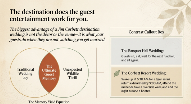 Infographic explaining how a destination itself contributes to the guest experience at a Jim Corbett wedding. The headline states that the destination performs much of the guest entertainment, reducing the need for extensive d&eacute;cor or staged activities. A Venn diagram combines Traditional Wedding Joy and Unexpected Wildlife Thrill, creating The Ultimate Guest Memory at their intersection. A comparison box contrasts a conventional banquet hall wedding, where guests move from one function to another, with a Corbett resort wedding, where guests can enjoy early-morning safaris, nature experiences, riverside walks, and evening bonfires. The graphic emphasizes that memorable guest experiences often come from the destination and its activities rather than the wedding venue alone.