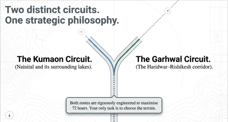 Infographic titled &ldquo;Two Distinct Circuits. One Strategic Philosophy.&rdquo; illustrating the two primary travel routes for a short Uttarakhand itinerary. A forked-road graphic divides into two branches, symbolizing the choice between the Kumaon Circuit and the Garhwal Circuit. The left branch highlights the Kumaon Circuit, centered around Nainital and its surrounding lakes, known for scenic hill stations, forests, and peaceful Himalayan landscapes. The right branch represents the Garhwal Circuit, focused on the Haridwar&ndash;Rishikesh corridor, famous for spiritual experiences, the Ganges River, yoga, and Himalayan foothill destinations.  A highlighted message at the bottom explains the core travel philosophy: both routes are carefully designed to maximize a 72-hour (3-day) Uttarakhand getaway, and travelers should choose a single region rather than attempting to cover the entire state. The minimalist design features subtle topographic contour lines and directional road elements, reinforcing the theme of strategic route planning. This infographic is relevant for 3-day Uttarakhand itineraries, Kumaon vs Garhwal travel, Nainital tour packages, Haridwar and Rishikesh holidays, weekend trips from Delhi, Uttarakhand travel planning, and Himalayan getaway guides.