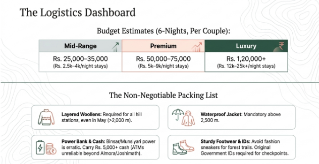 Infographic titled &ldquo;The Logistics Dashboard&rdquo; providing travel planning information for a 6-night Uttarakhand trip for couples. The top section outlines estimated budgets across three categories: Mid-Range (₹25,000&ndash;35,000), Premium (₹50,000&ndash;75,000), and Luxury (₹1,20,000+), with corresponding accommodation price ranges per night. The lower section, titled &ldquo;The Non-Negotiable Packing List,&rdquo; highlights essential travel items including layered woollen clothing for cooler hill stations, a waterproof jacket for high-altitude destinations above 2,500 meters, a power bank and emergency cash for remote areas with unreliable services, and sturdy footwear along with valid government-issued identification for trekking routes and checkpoints. The design features minimalist travel icons, subtle topographic contour patterns, and a clean dashboard-style layout.