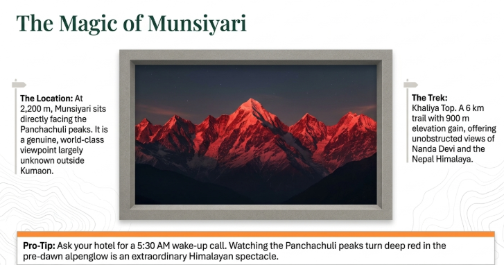 Infographic titled “The Magic of Munsiyari” featuring a breathtaking panoramic view of the Panchachuli Peaks glowing deep red during sunrise in the high Himalayas of Uttarakhand. The central image showcases the snow-covered mountain range illuminated by alpenglow, framed against a dark pre-dawn sky and rugged Himalayan ridges. Informational callouts explain that Munsiyari, located at 2,200 metres, sits directly opposite the Panchachuli massif and is considered one of Kumaon’s most spectacular yet lesser-known mountain viewpoints. A second callout highlights the Khaliya Top Trek, a scenic 6 km hiking trail with approximately 900 metres of elevation gain, offering unobstructed views of Nanda Devi, the Panchachuli range, and the distant Nepal Himalaya. A travel tip at the bottom recommends arranging a 5:30 AM wake-up call to witness the famous sunrise phenomenon, when the Panchachuli peaks turn vivid shades of red and orange in the first light of day. The infographic emphasizes Munsiyari’s remote beauty, world-class Himalayan panoramas, and trekking opportunities, making it highly relevant for Munsiyari tour packages, Panchachuli Peak views, Khaliya Top Trek, Kumaon travel guides, Uttarakhand Himalayan destinations, Nanda Devi viewpoints, offbeat Uttarakhand tourism, and high-altitude mountain experiences