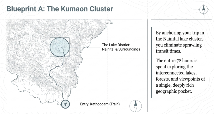 Infographic titled &ldquo;Blueprint A: The Kumaon Cluster&rdquo; illustrating a focused travel strategy for a 3-day Uttarakhand getaway. A detailed topographic map highlights the Nainital Lake District and surrounding Kumaon region, with a shaded circular area marking the primary exploration zone. A dotted route shows entry via Kathgodam Railway Station, emphasizing easy access to the hill region by train. The accompanying text explains that anchoring a trip around the Nainital lake cluster eliminates long transit times and allows travelers to spend the entire 72-hour itinerary exploring interconnected lakes, scenic viewpoints, forests, and nearby hill destinations within a compact geographic area. The design uses contour-map styling, navigation icons, and minimalist cartographic elements to reinforce the concept of efficient travel planning. This infographic is relevant for Nainital tour packages, Kumaon travel itineraries, Kathgodam to Nainital trips, 3-day Uttarakhand getaways, lake district tourism, weekend hill station holidays, and Uttarakhand travel planning focused on the Kumaon region.