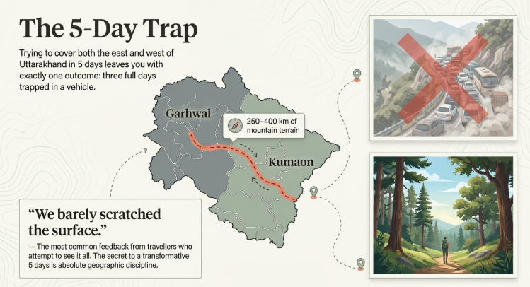 Infographic titled &ldquo;The 5-Day Trap&rdquo; explaining why travelers should avoid trying to cover both Garhwal and Kumaon in a short Uttarakhand itinerary. The graphic features a map of Uttarakhand highlighting the Garhwal and Kumaon regions connected by a winding route labeled 250&ndash;400 km of mountain terrain, illustrating long travel times through the Himalayas. On the right, an image of a traffic jam on a mountain road marked with a large red X symbolizes wasted vacation time spent driving, while a second image shows a traveler enjoying a peaceful forest trail, representing slow and immersive travel. Supporting text warns that attempting to explore all of Uttarakhand in five days often leaves visitors feeling rushed and unable to fully experience destinations. The infographic promotes choosing one region for a deeper travel experience and is relevant for Uttarakhand tour planning, Kumaon vs Garhwal itineraries, 5-day Uttarakhand trips, Himalayan road travel, and Uttarakhand travel tips.
